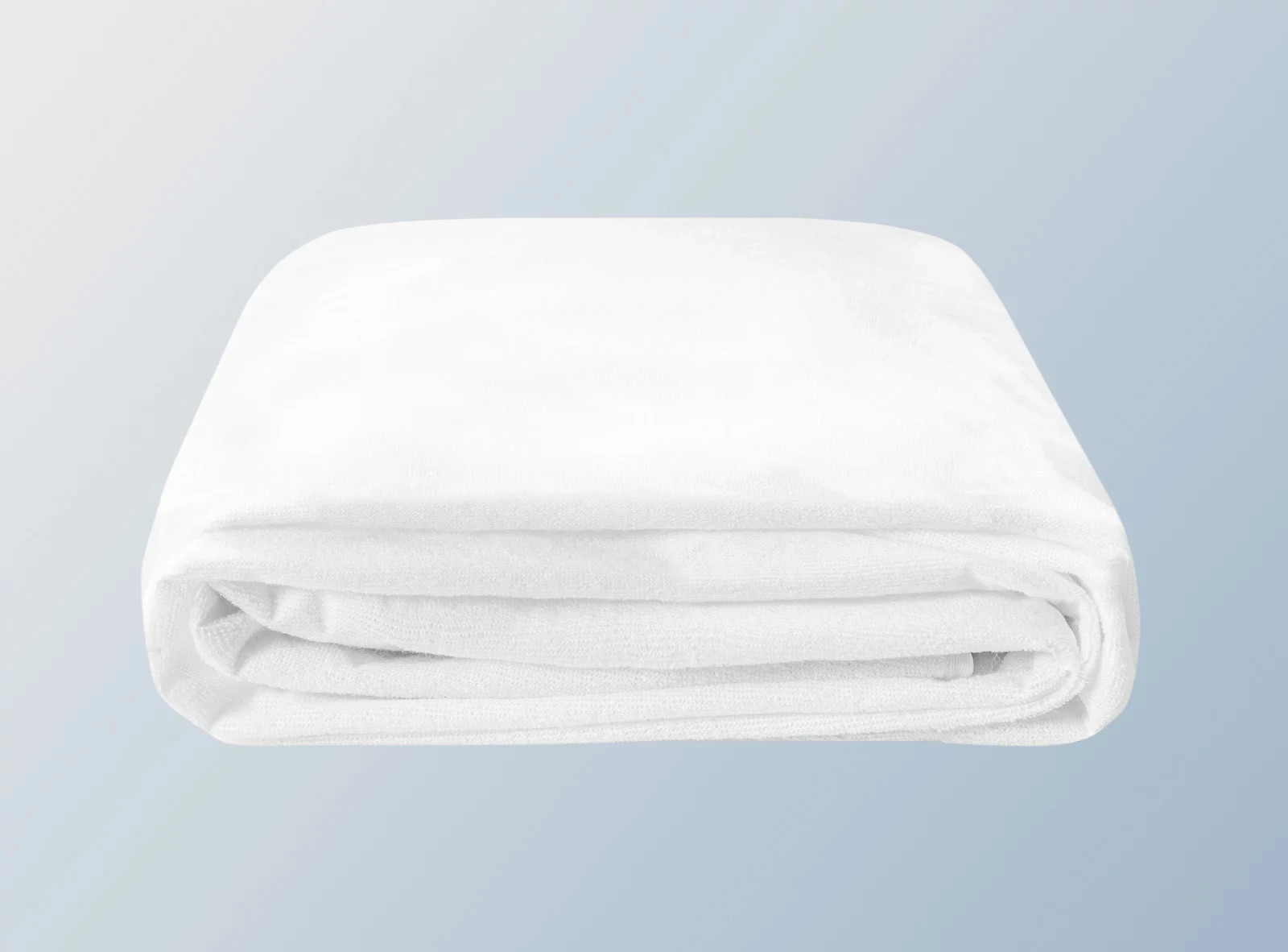 The Helix Waterproof Mattress Protector folded up and displayed on a blue background