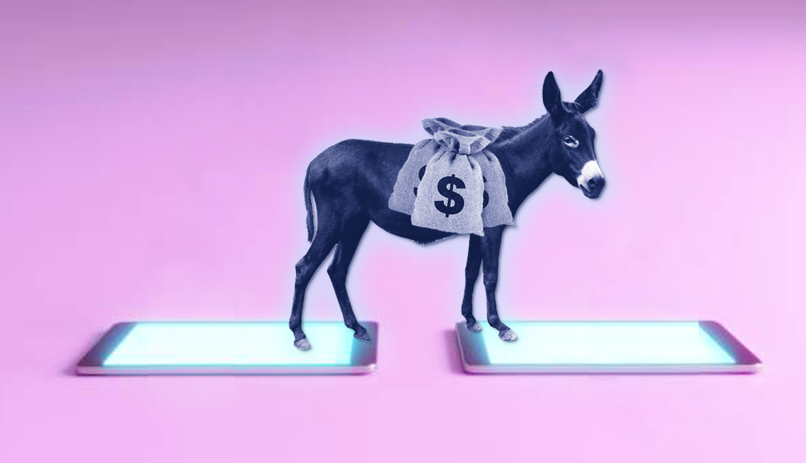 Money Mule Scams a mule carrying sacks of cash steps on two smartphones, on a pink background