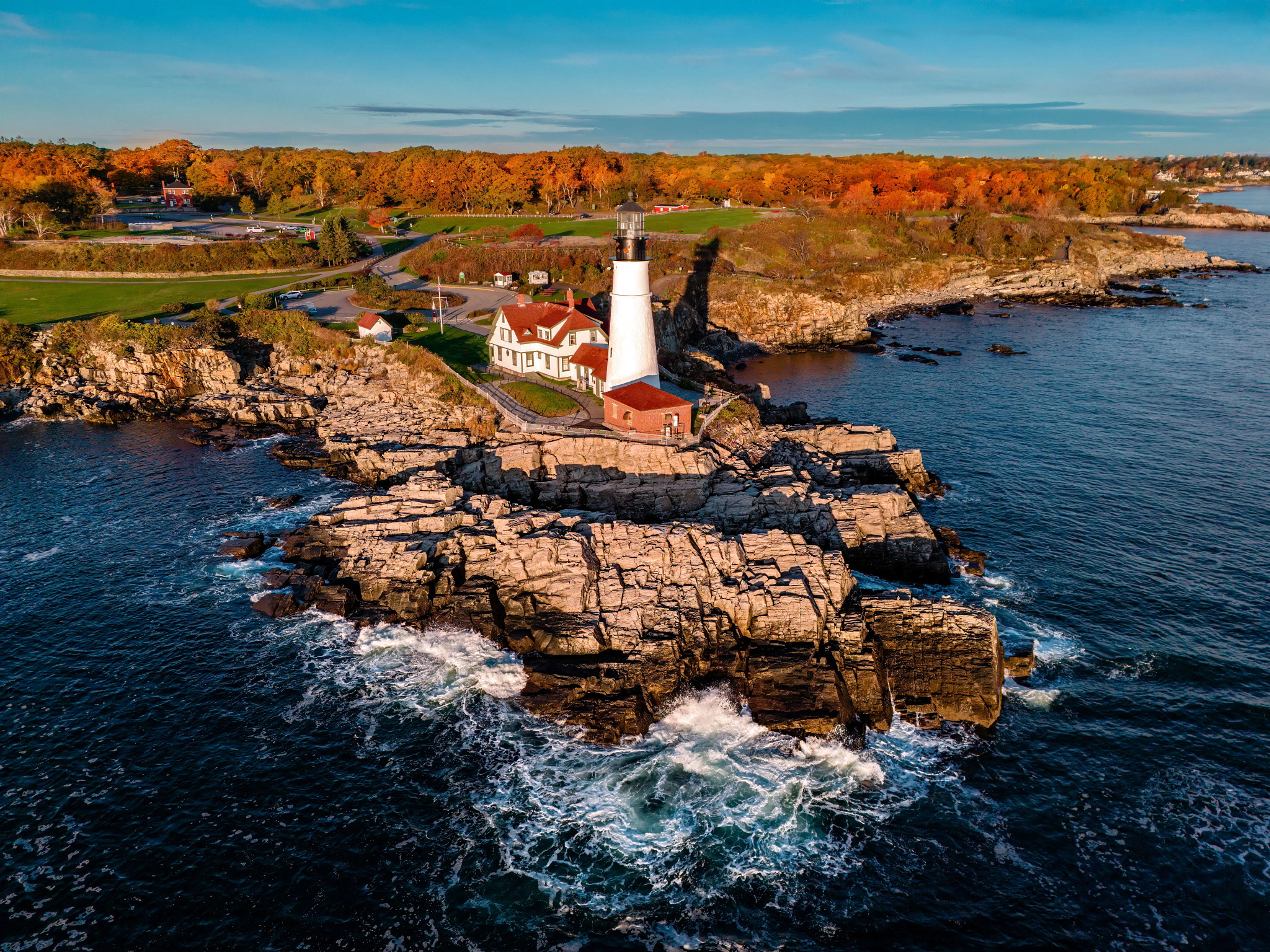 an aerial view of the shore of portland, maine