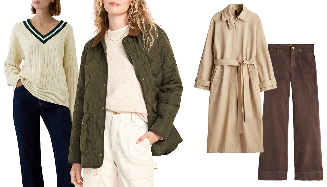 Gap CashSoft Varsity Cable-Knit Sweater in Chino Beige; Old Navy Women Quilted Barn Jacket in Olive; H&M Women Single-Breasted Twill Trench Coat in Beige; J.Crew Women Wide-Leg Corduroy Trousers in Deep Chocolate