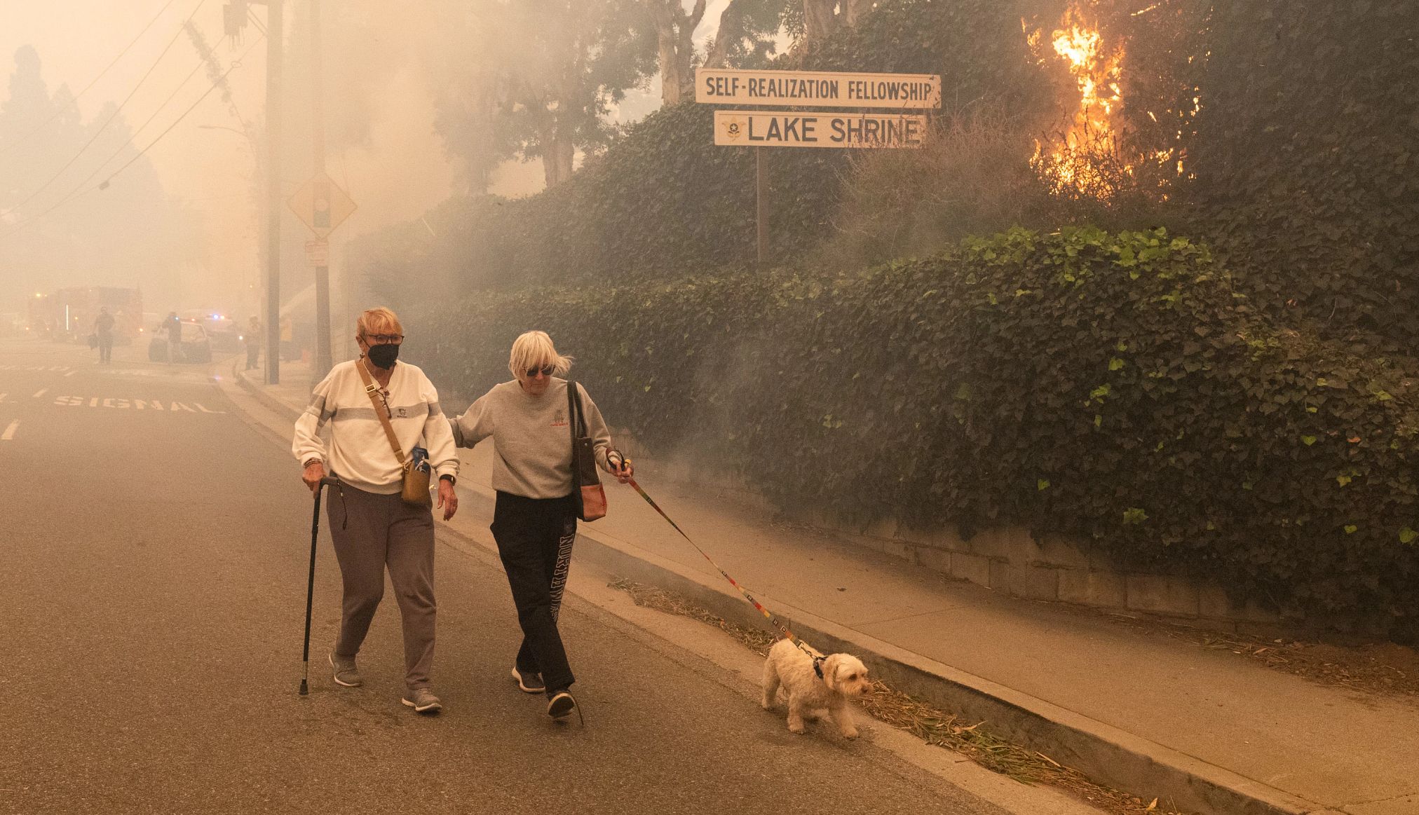 Finding a Support System Amid Wildfire Tragedy two people walking a dog with fire around them