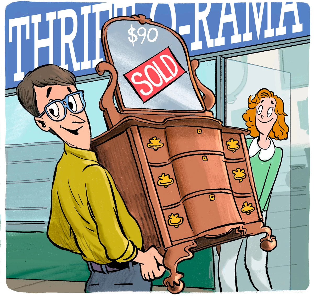 Two people carry a dresser out of a thrift store. The dresser has a ninety dollar price on it and a red sold sticker.
