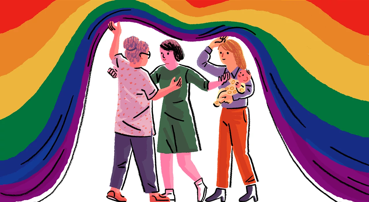 illustration of grandmother talking two daughter and wife, modern family, modern parenthood