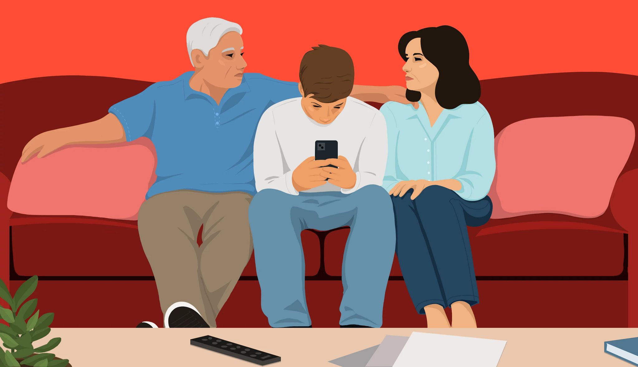 Our Kids Are Back. No More Sex? a graphic illustration shows an older adult couple sitting on a plush red couch, their adult son sitting between them, oblivious on his smart phone