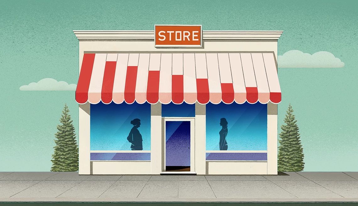 Money woe: A mother in debt illustration of a store with silhouettes of two woman inside on opposite sides of the door facing one another