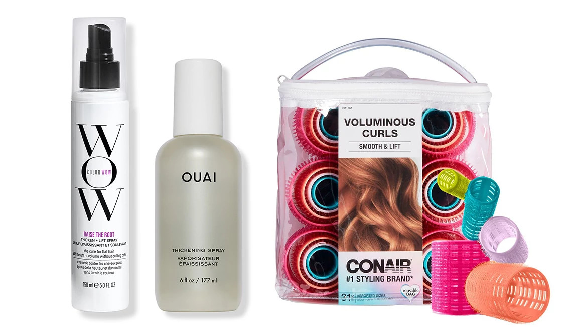 a collage with two different hair products and a set of hair rollers