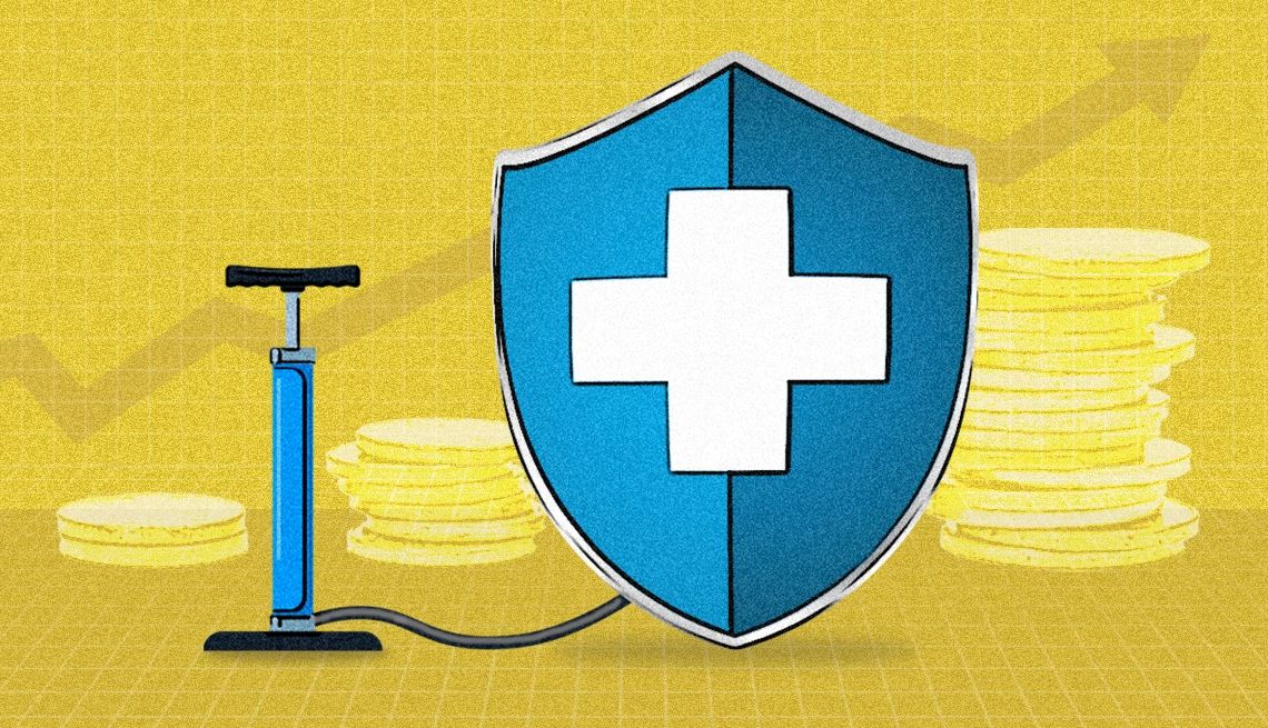 Ilustración de una bomba de aire que infla un escudo con una cruz y monedas de fondo
