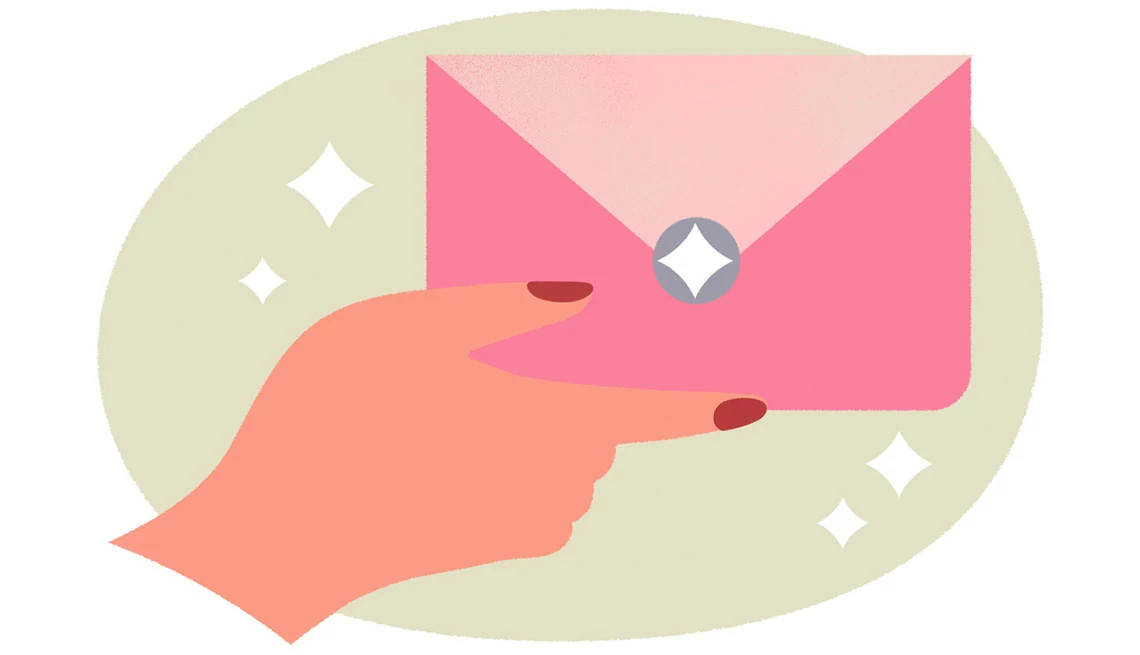 Icon showing a pink flip-style calendar with a green checkmark and a blue envelope on a beige abstract background.