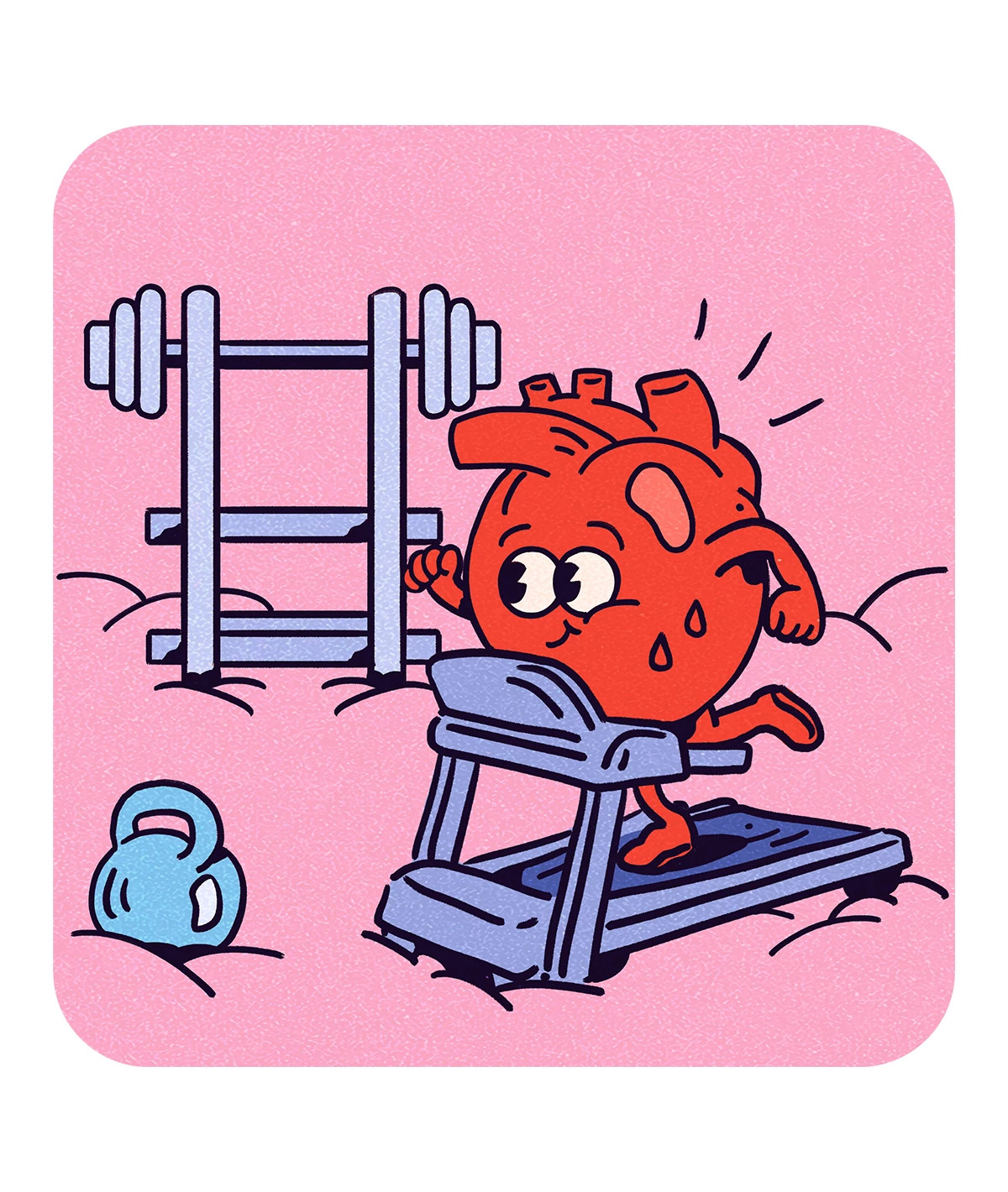 A colorful cartoon illustration of an anthropomorphic human heart character jogging on a treadmill next to gym equipment, representing heart-healthy exercise.