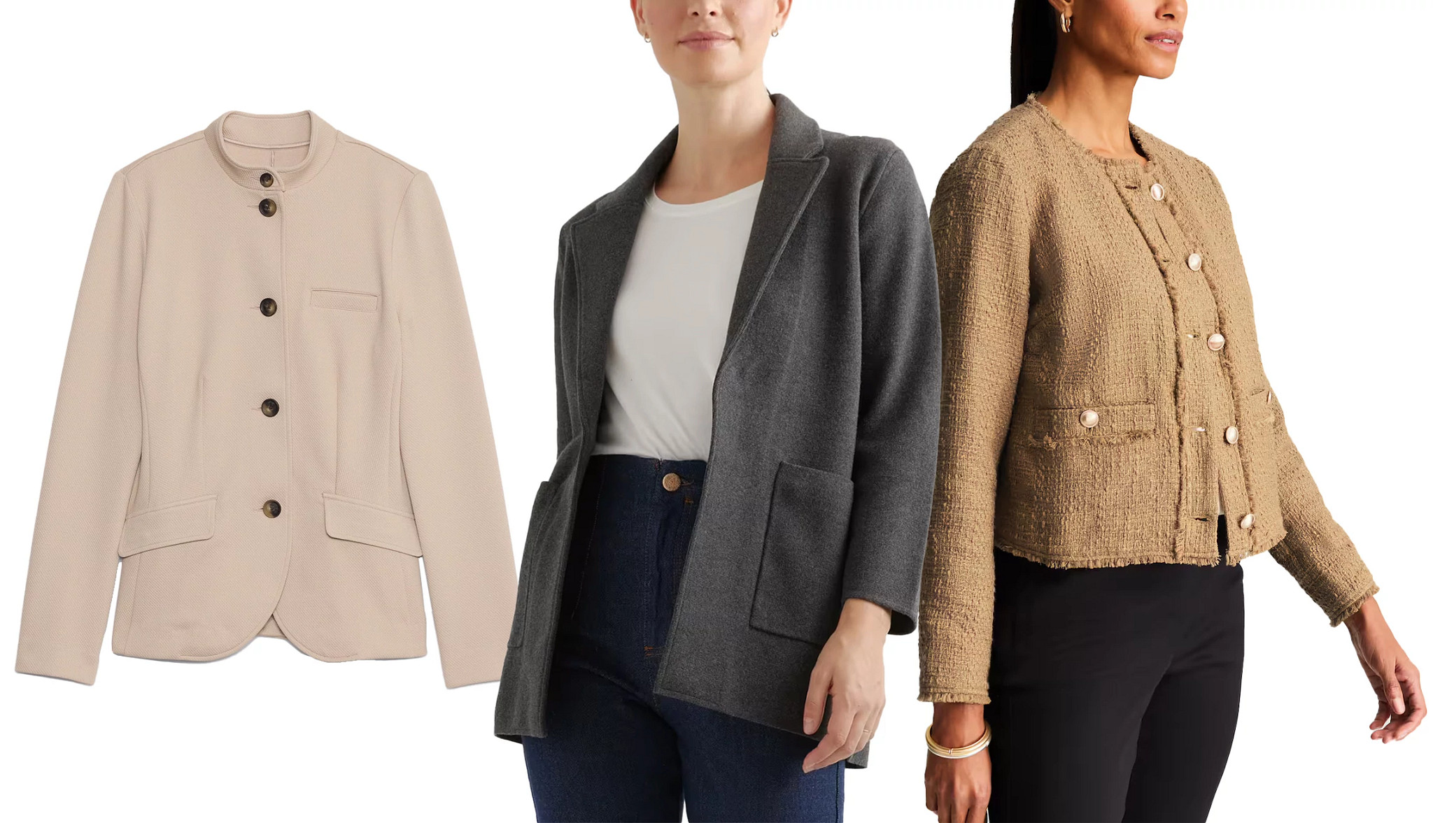 a collage with models wearing chic blazers