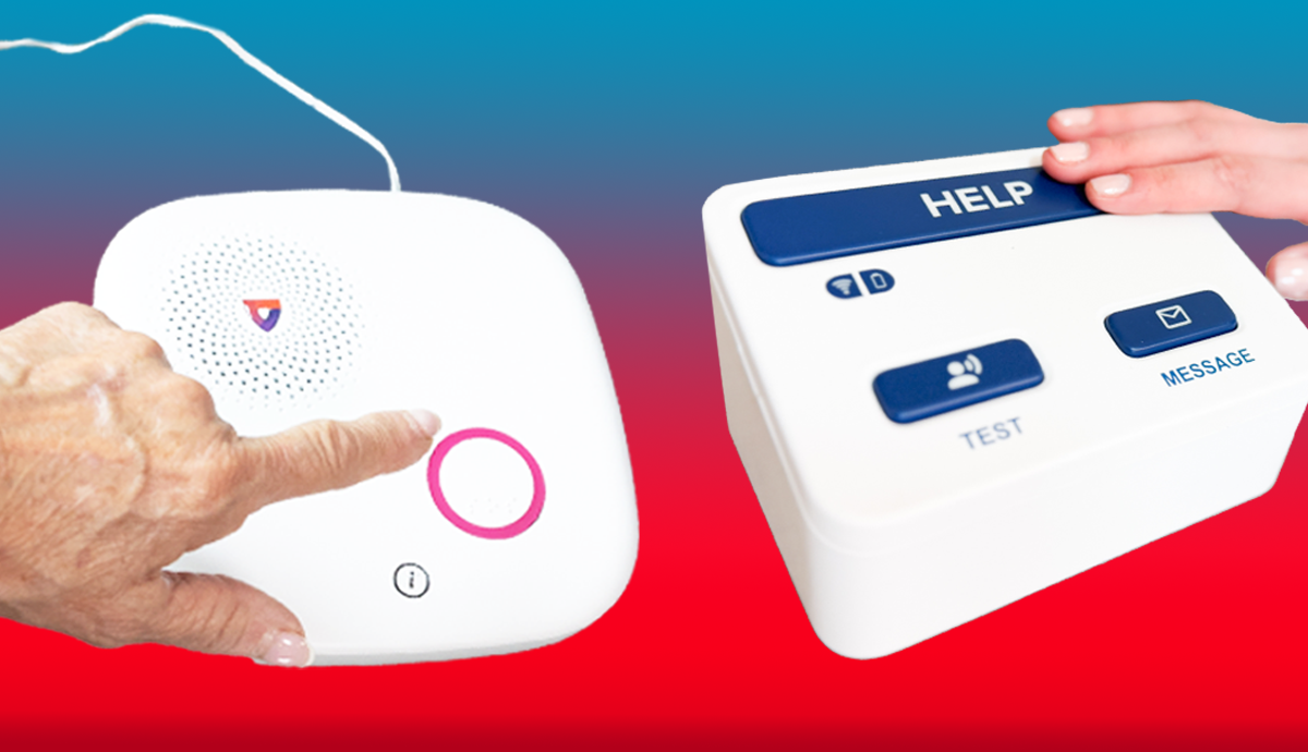 Two medical alert at-home base units on a red and blue background