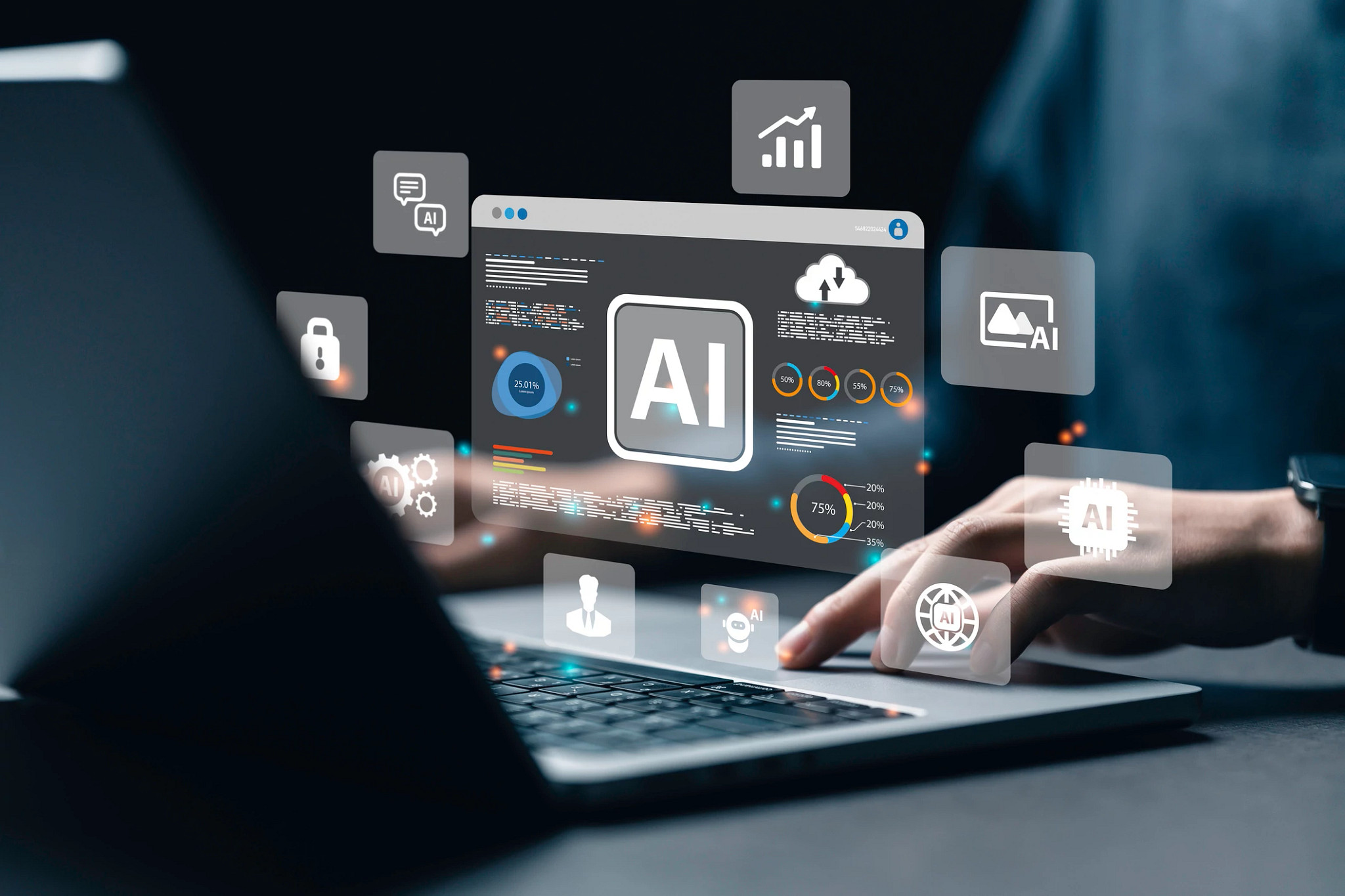 A data analyst using technology AI for working tool for data analysis Chatbot Chat with AI, using technology smart robot AI, artificial intelligence to generate something or Help solve work problems.