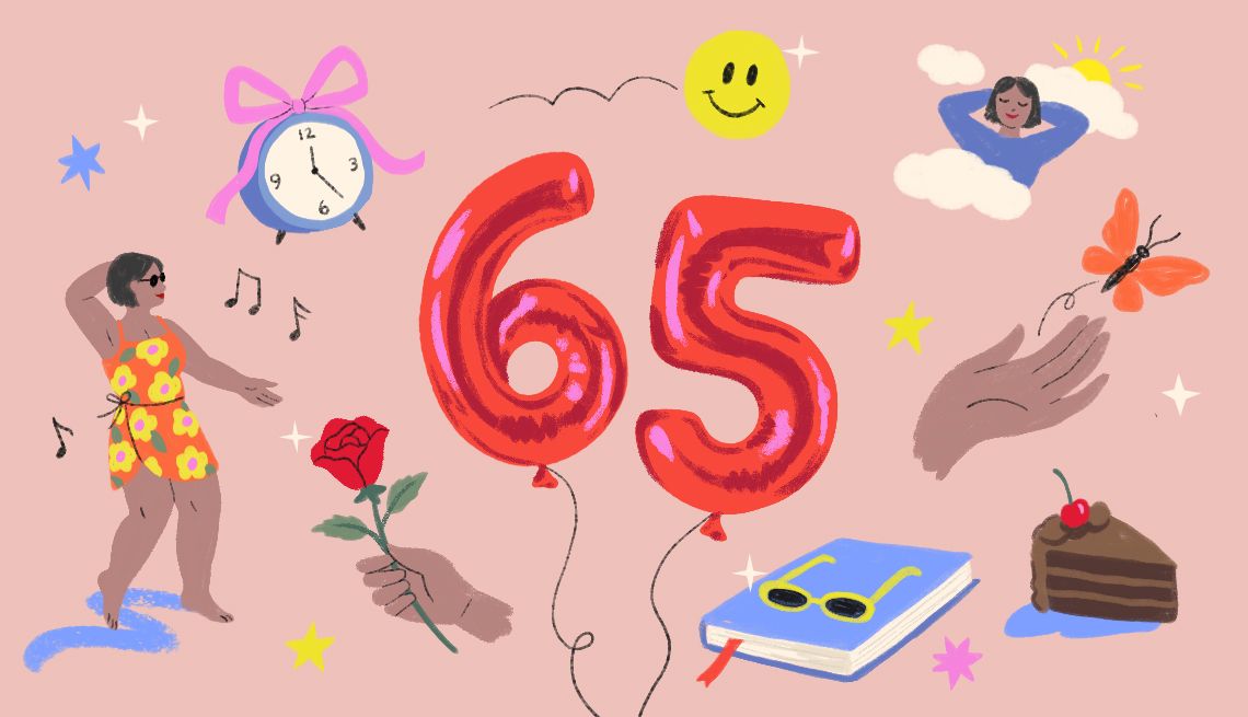 I Love Being 65 a collage of images with a pink balloon sixty five in the center