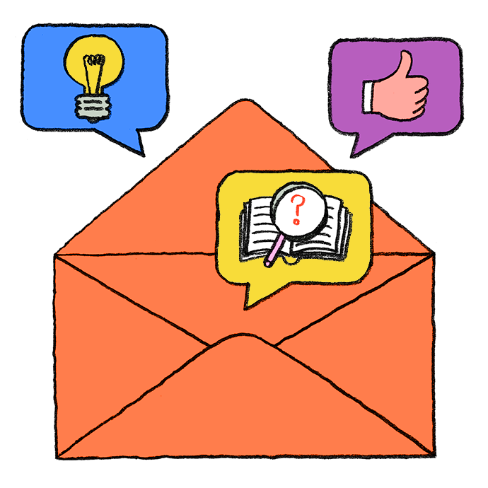 Illustration of an orange email envelope with colorful chat bubbles showing a lightbulb idea, thumbs-up feedback, and a magnifying glass