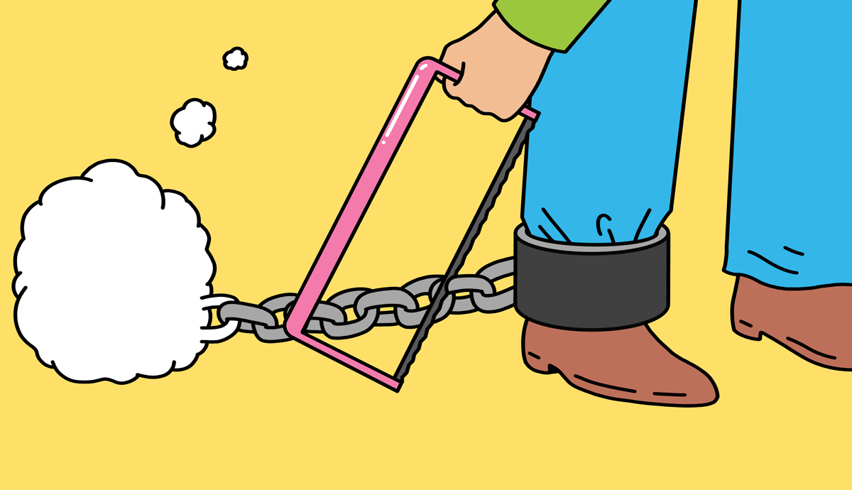 an illustration shows a man sawing away at a chain shackled to his foot. The last link of the chain is latched to a white thought bubble