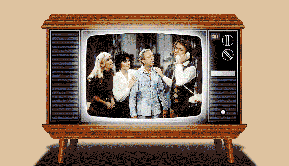 an animated gif with a vintage t v set showing a series of images of shows from the 1970s to the 1990s