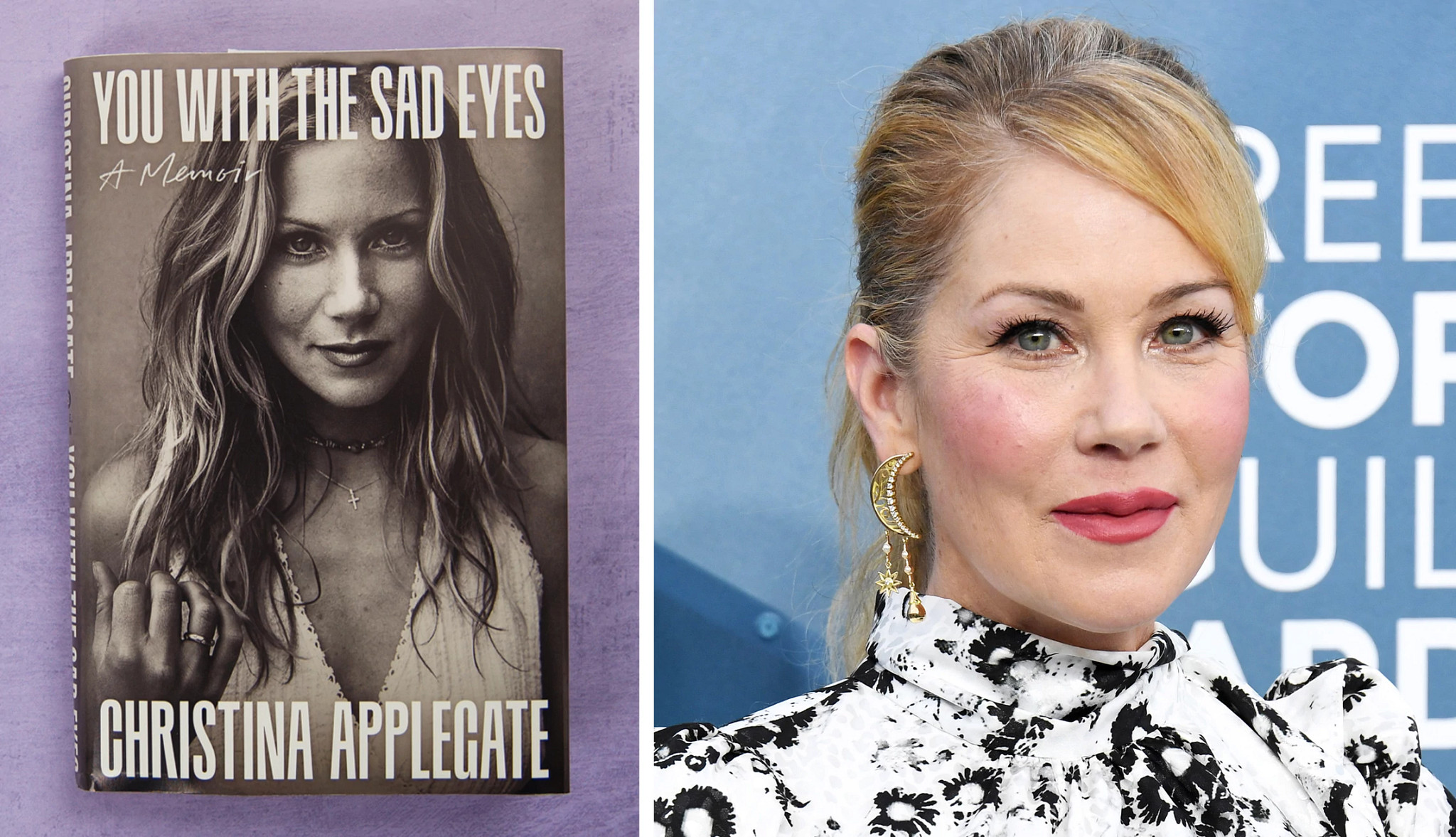 a side by side collage with a photo of christina applegate and a photo of the cover of her memoir