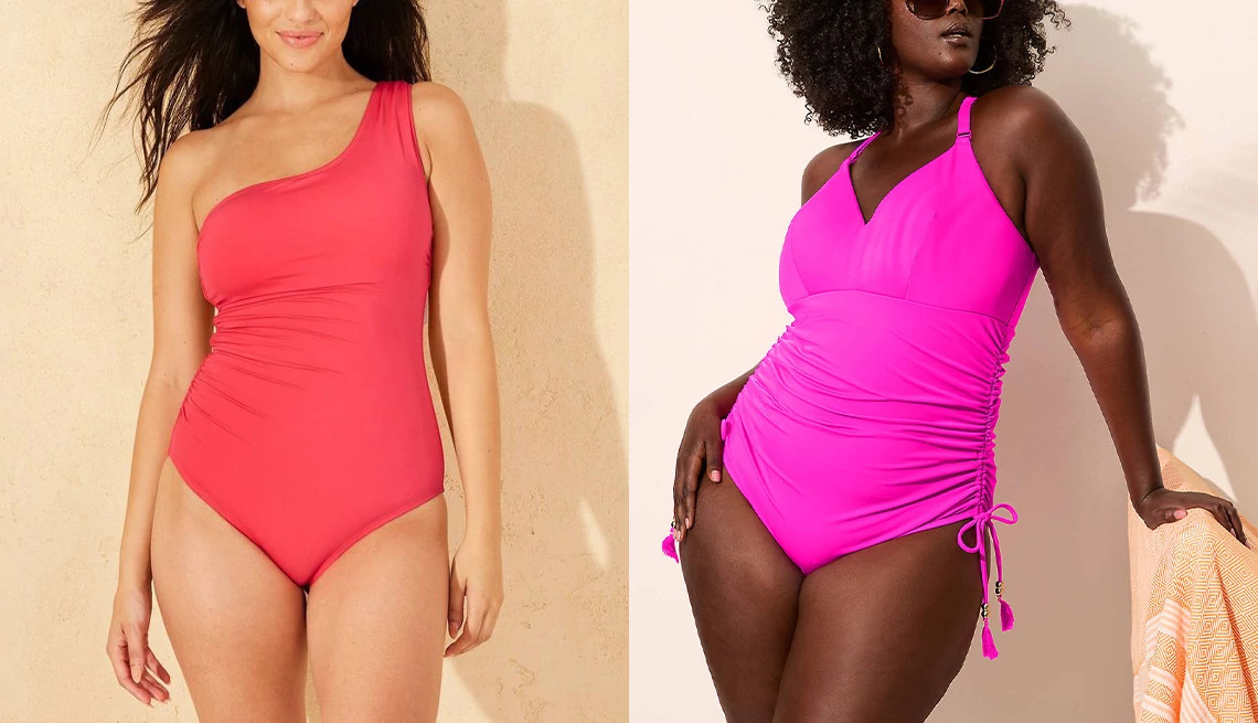 models wearing brightly-colored swimsuits