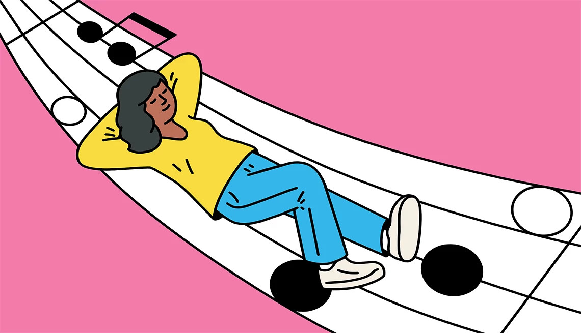 illustration of a person reclining comfortably on a giant sheet of music with large black notes against a vibrant pink background