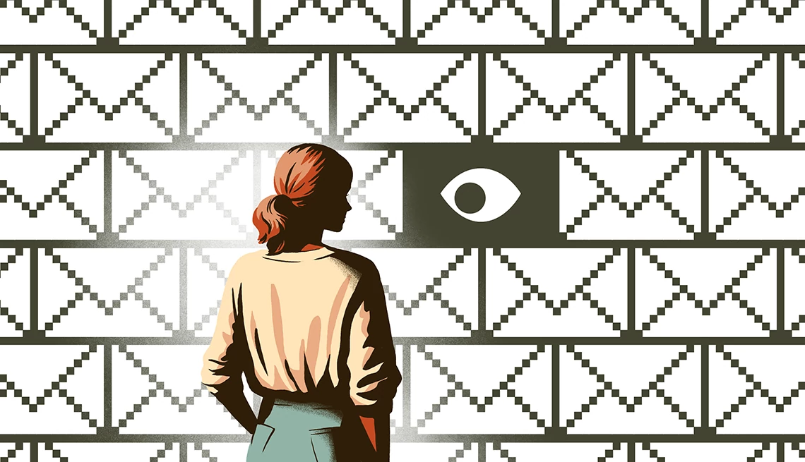 Find out if multiple emails can foil scammers A woman looking at a wall of email icons with an eye in the middle