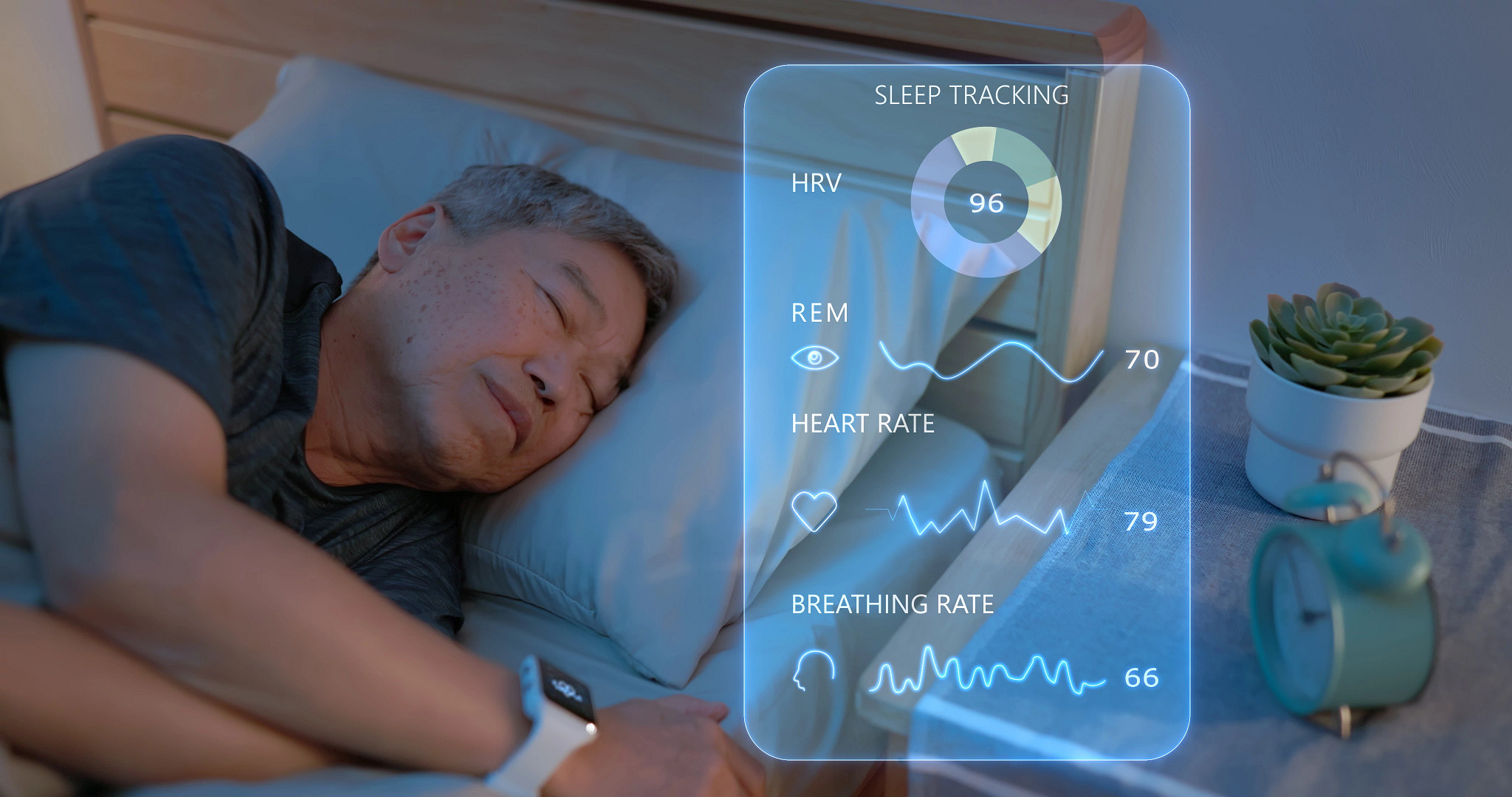 a person sleeping with health metrics on a screen
