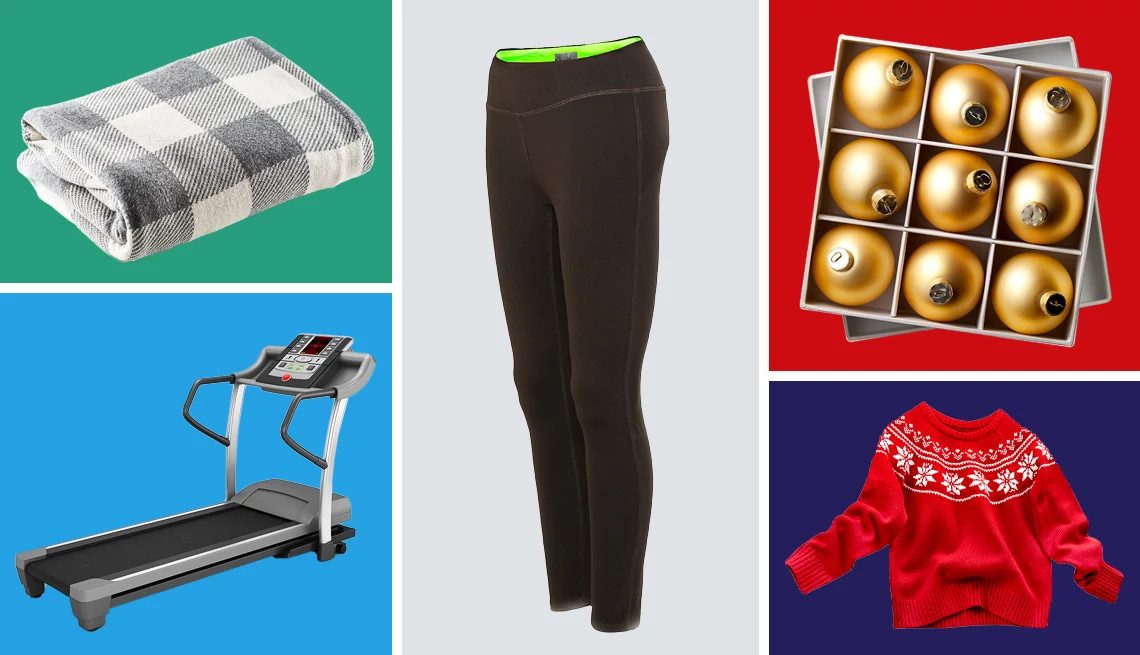 a collage of items likely on sale in january, including blankets, a treadmill, activewear and seasonal holiday decor and clothing