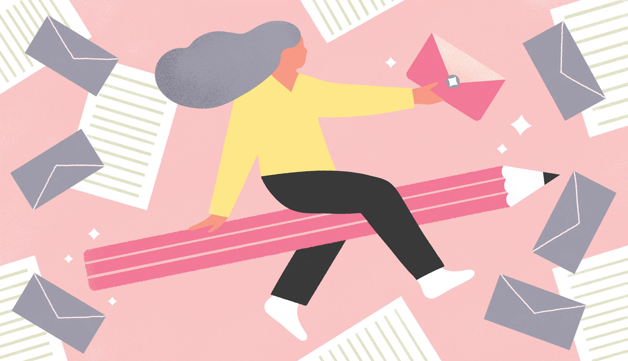 A person riding a large pink pencil while holding an envelope, surrounded by mail and sheets of paper.