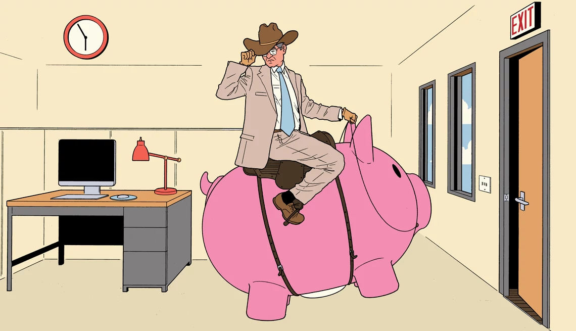 Financial Decisions Before You Retire a man in professional attire and a cowboy hat rides a piggy bank