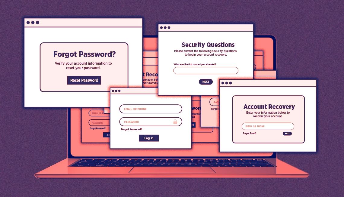 How To Recover a Lost Apple or Google Account Password different windows popping up from a laptop screen