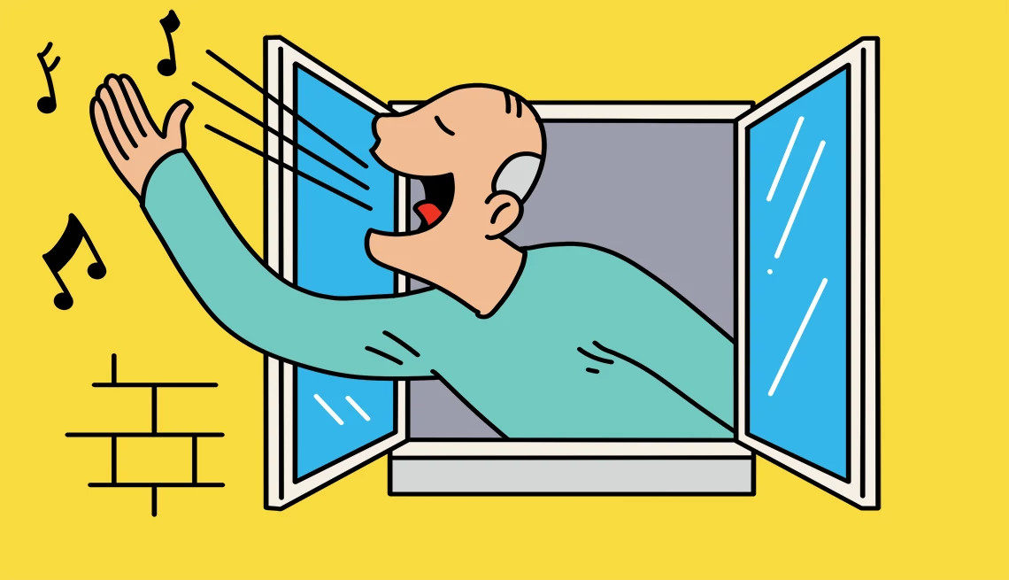 Illustration of man singing out window; music notes coming out of mouth