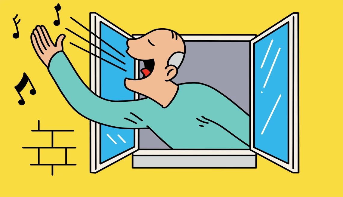 Sing ludicrous songs Illustration of man singing out window; music notes coming out of mouth