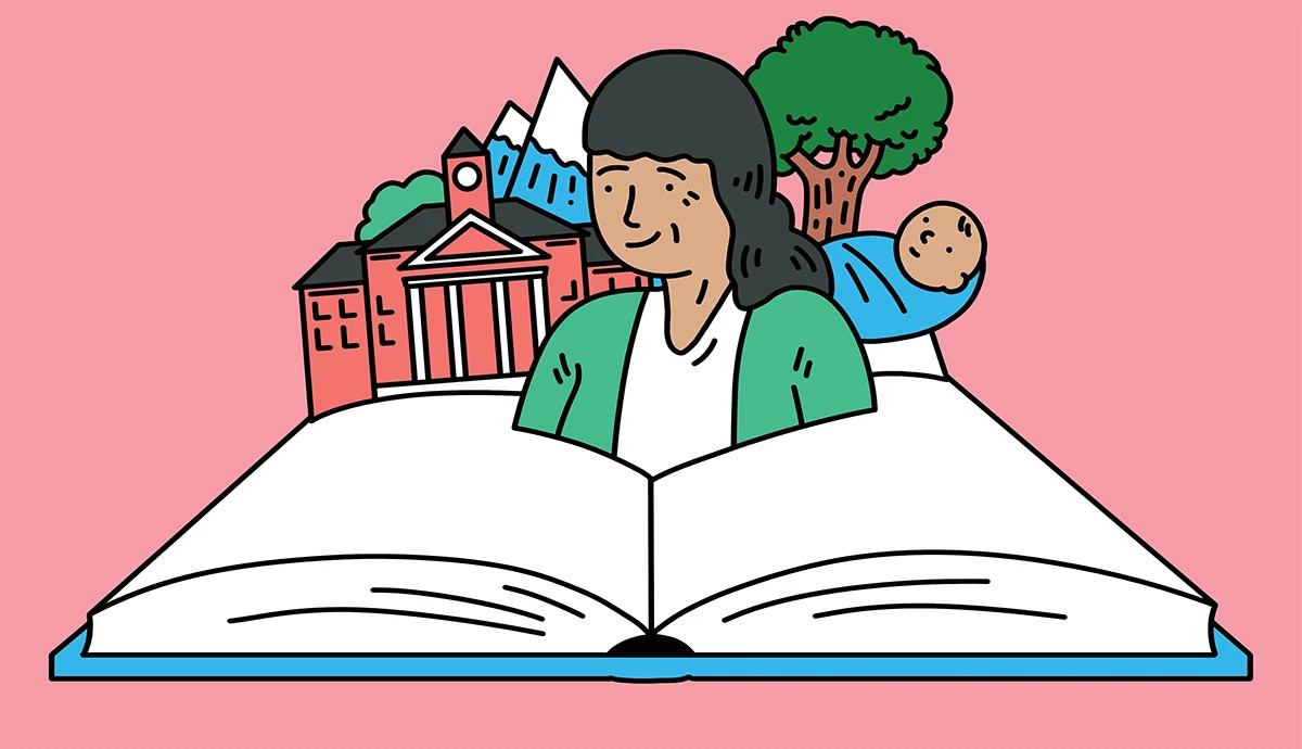 an illustration shows an open book with a woman emerging from the pages. Behind her are a tree, a building and a snow-capped mountain 