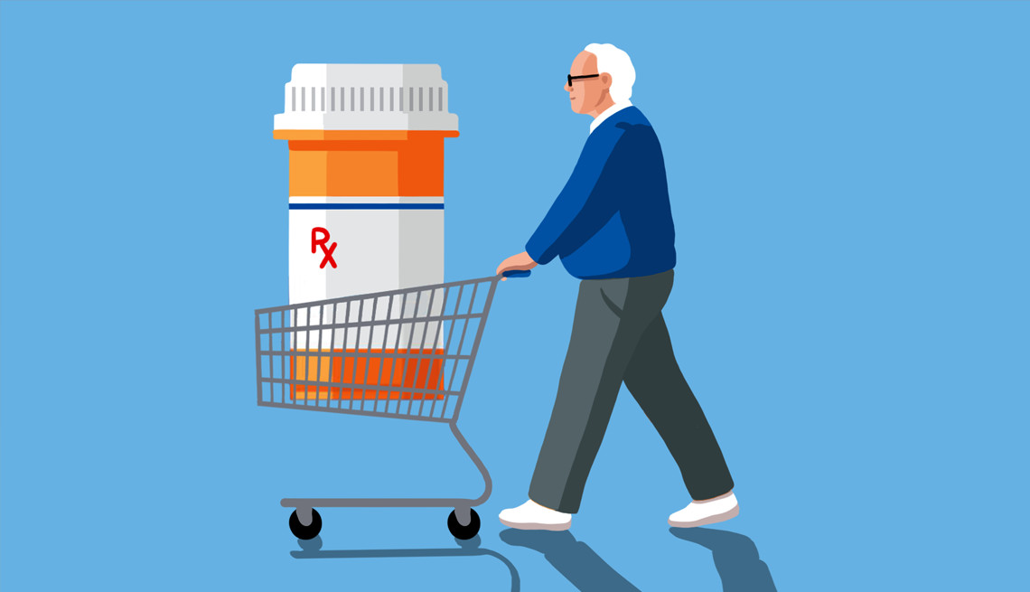 a man pushes a shopping cart with a giant prescription bottle