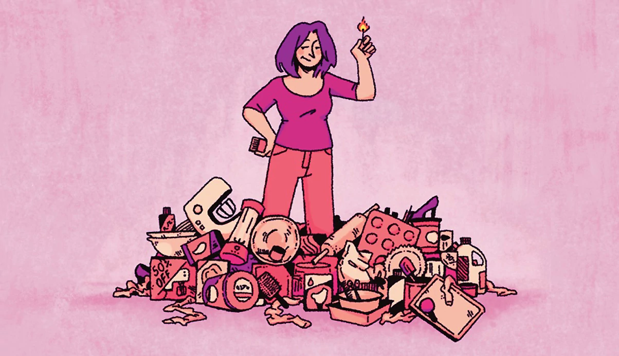 Illustration of a woman standing on a pile of unused household items and products and holding a lit match