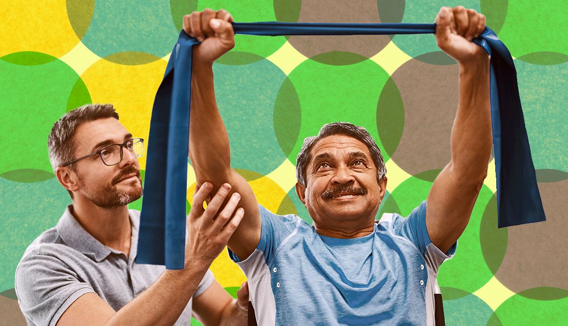 Managing Joint Pain man exercising with a resistance band during a rehabilitation session