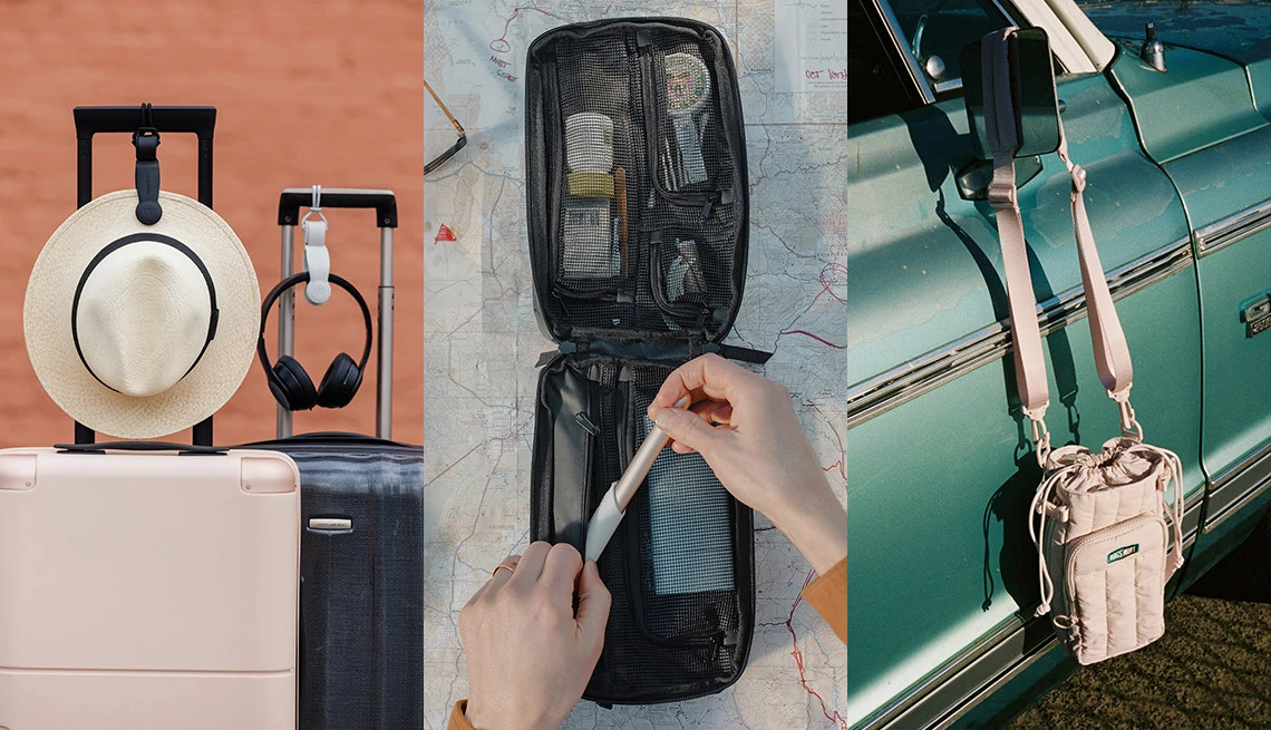 a split shot of travel bags and accessories