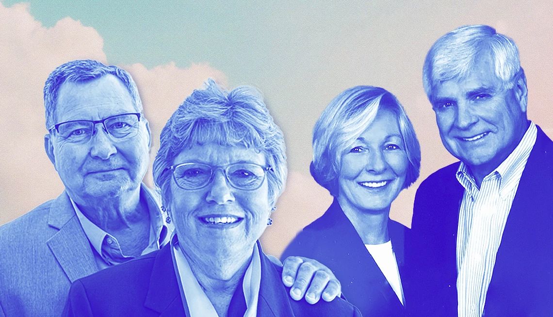 How to care for someone with dementia couples mike and darlene bradley and janet and phil spanninger on a blue background
