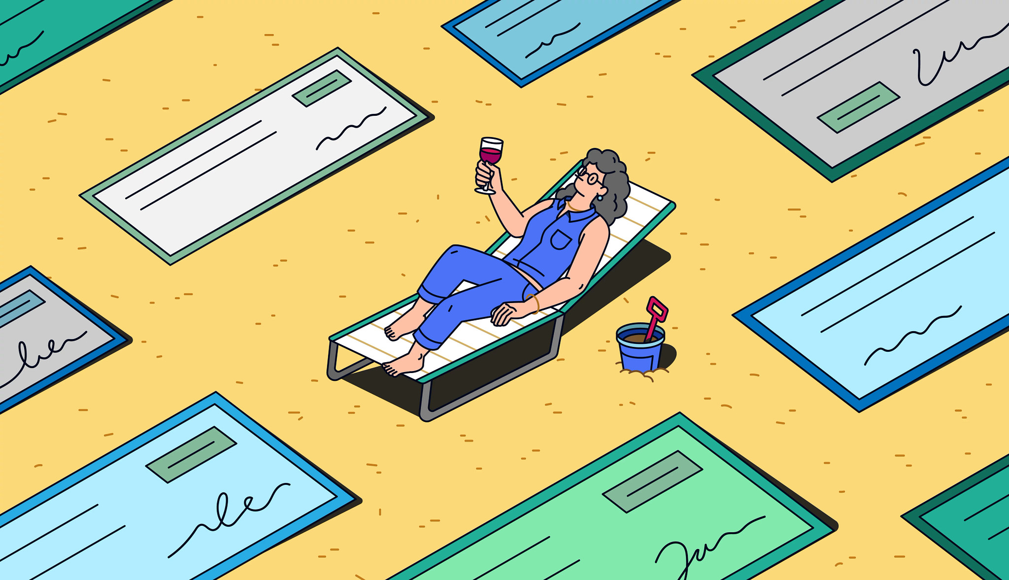 illustration of a woman lounging on a beach chair with a glass of wine in her had. The are beach blankets in the sand that look like paper checks