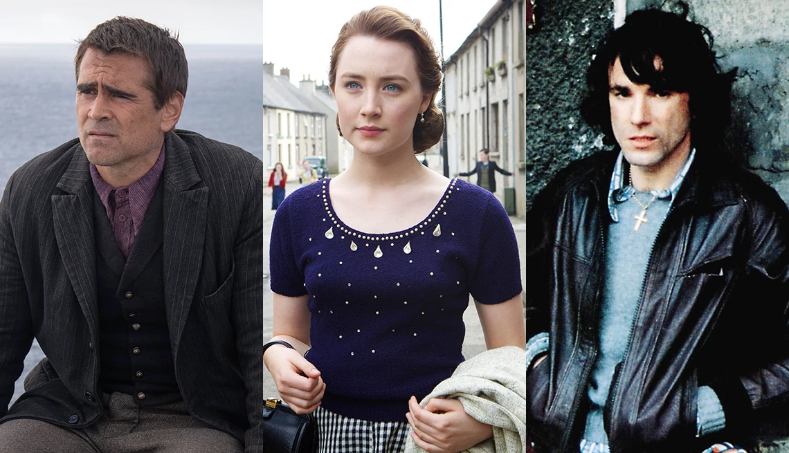 Colin Farrell in the film "The Banshees of Inisherin," Saoirse Ronan in the film "Brooklyn" and Daniel Day-Lewis in the film "In the Name of the Father"