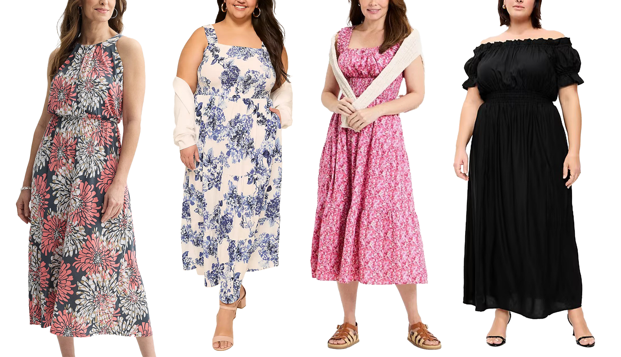 a collage with four models wearing different styles of warm weather dresses
