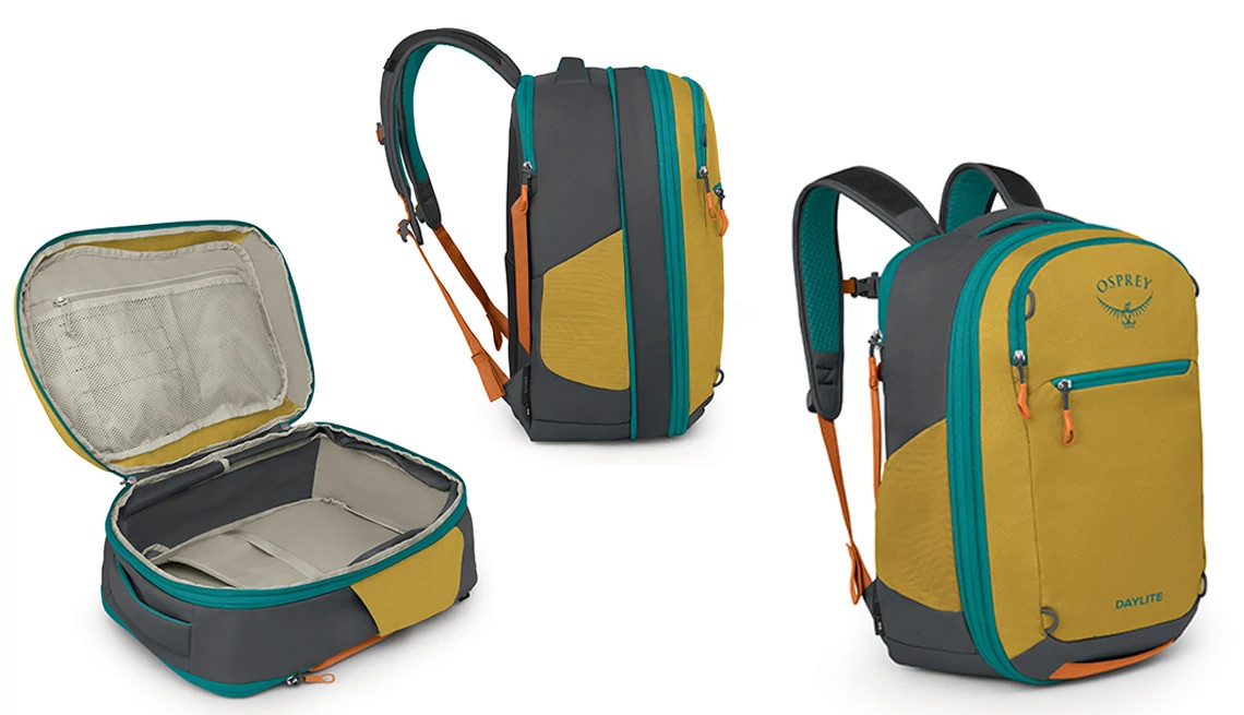 different angles of a travel backpack