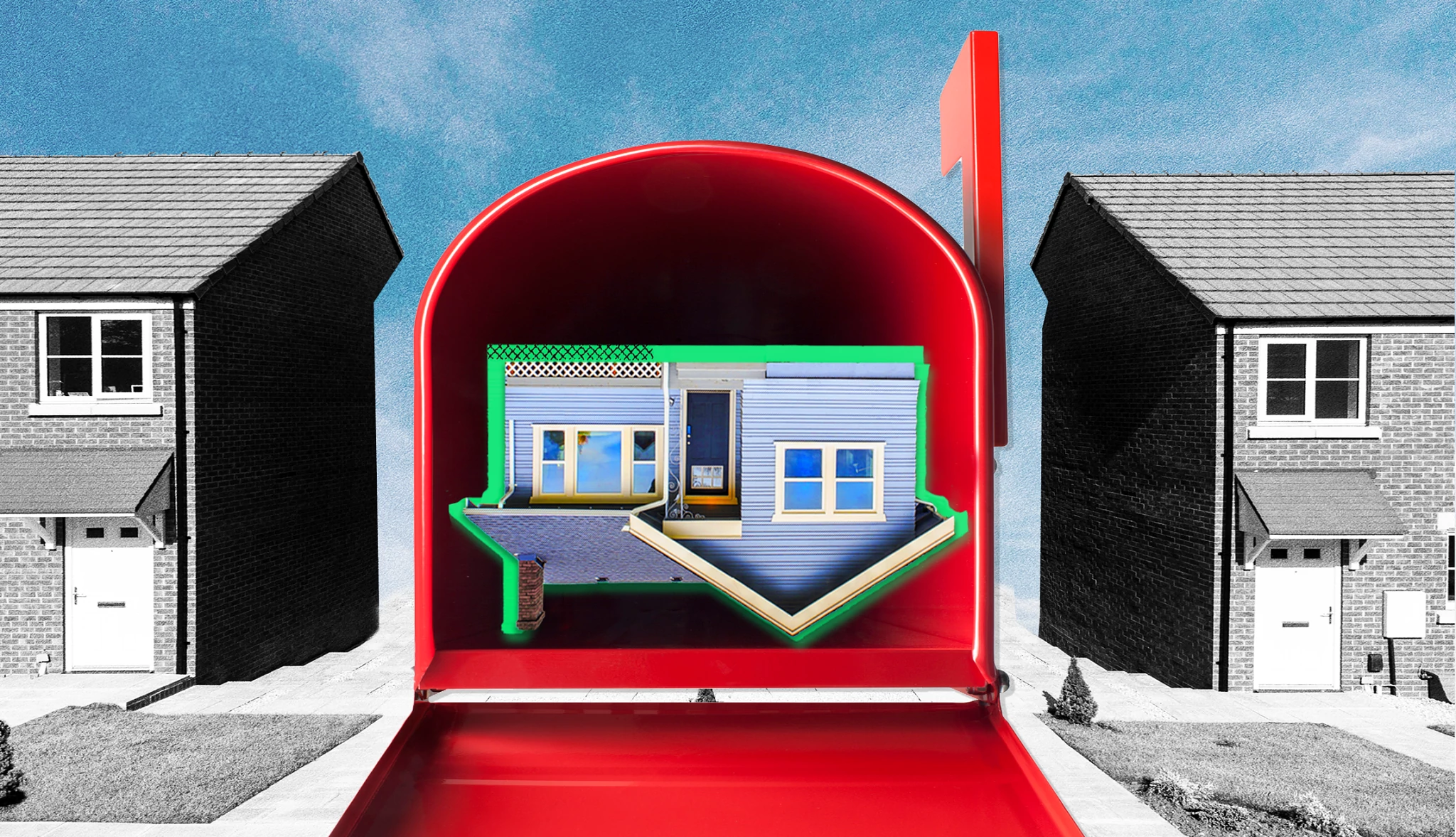 Image of house in a neighborhood upside down in a mailbox