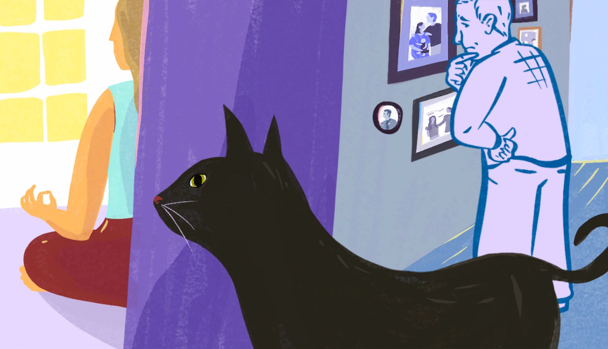 Learning to Be an Alzheimer’s Caregiver a black cat with a person meditating and another person looking at pictures on a wall