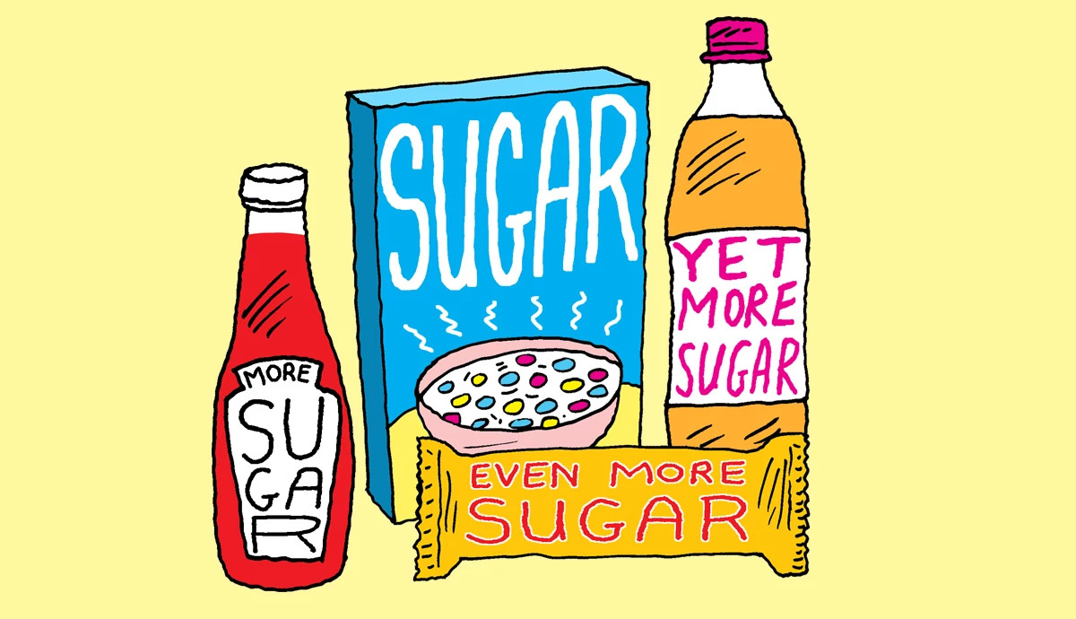 Cartoon illustration of common grocery items labeled with warnings about high sugar content.