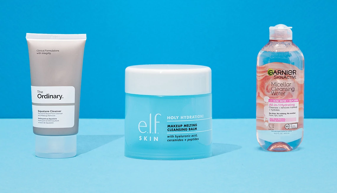 Gentle multitasking cleansers The Ordinary Squalane All-In-One Face Cleanser; e.l.f. Holy Hydration! Makeup Melting Cleansing Balm; Garnier SkinActive Micellar Cleansing Water with Rose Water
