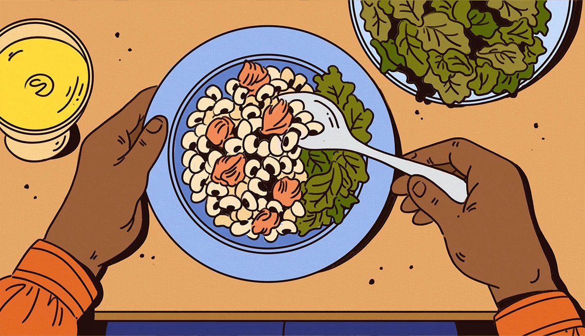 an illustration shows an older adult eating black-eyed peas and collard greens