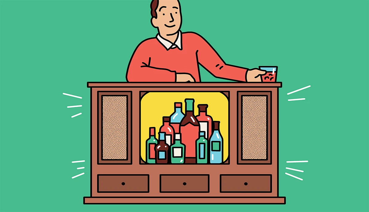 an illustration shows a tv repurposed as a bar