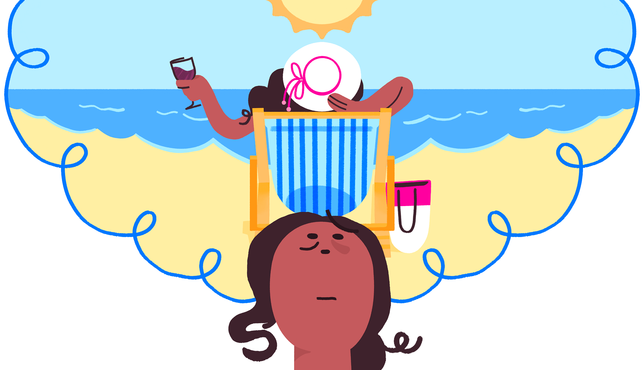 illustration of woman dreaming of a relaxing beach day