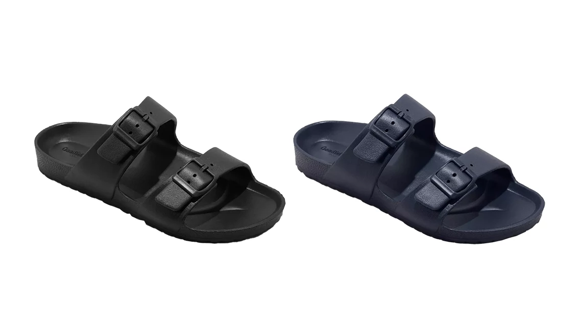 Beach sandals Goodfellow & Co. Carson Two-Band Slide Sandals in Black and Navy Blue