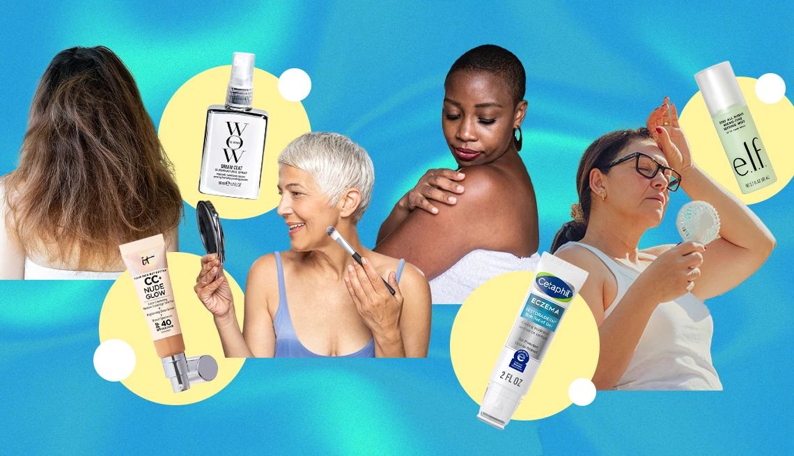 Solving the Worst Summer Beauty Problems a collage showing people using recommended summer beauty products